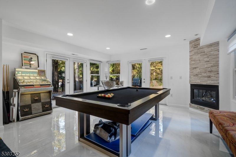 Billiard Table, Fireplace, Game Room, Interior, Recessed Lighting, Stone Walls