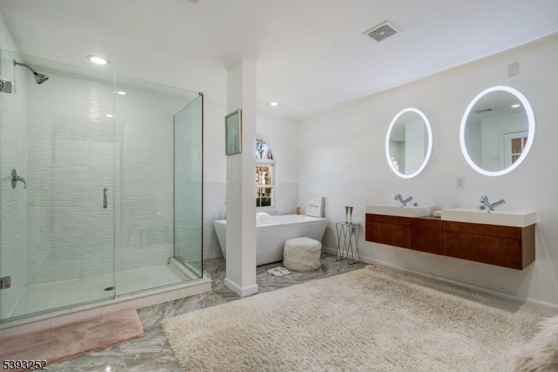 Bathroom, Dual Sink Vanities, Free Standing Baths, Glass Shower, Interior, Recessed Lighting