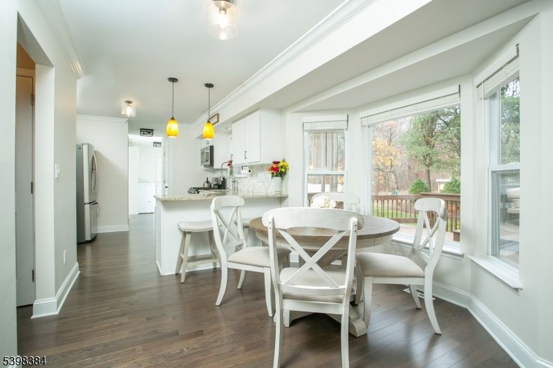 Dining room, Interior, Kitchen, Pendant Lights, Wood Texture Flooring
