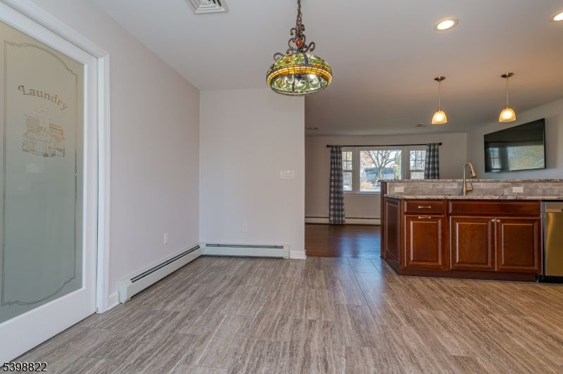 Empty room, Interior, Kitchen, Pendant Lights, Recessed Lighting, Wood Texture Flooring