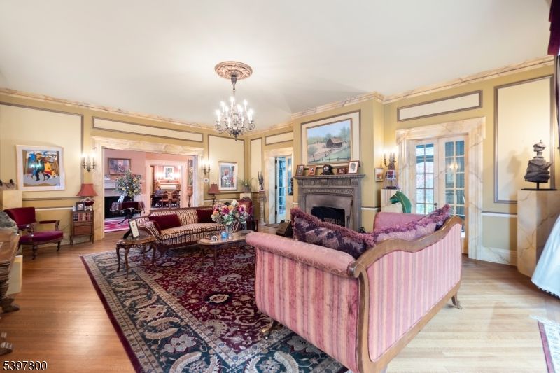 Chandelier, Fireplace, Interior, Living room, Wood Texture Flooring