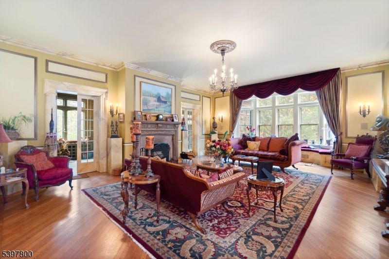 Chandelier, Fireplace, Interior, Living room, Wood Texture Flooring