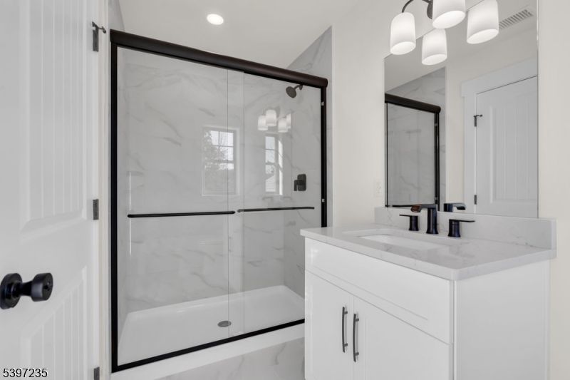 Bathroom, Glass Shower, Interior, Marble, Marble Walls, Recessed Lighting