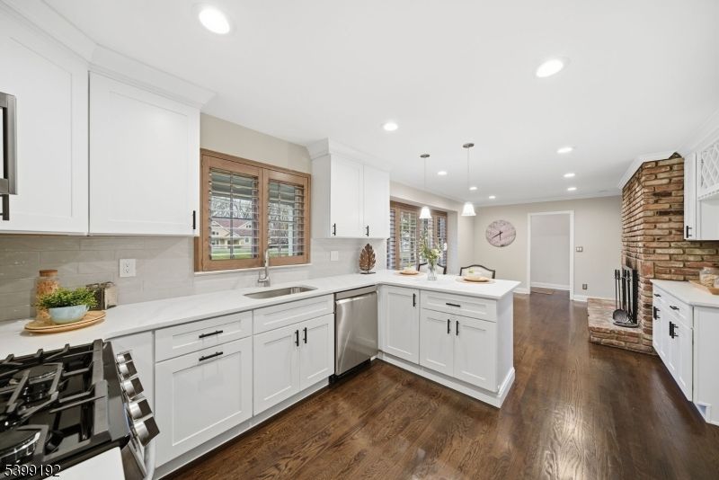 Interior, Kitchen, Pendant Lights, Recessed Lighting, Stainless Steel Appliances, Stone Walls, Wood Texture Flooring
