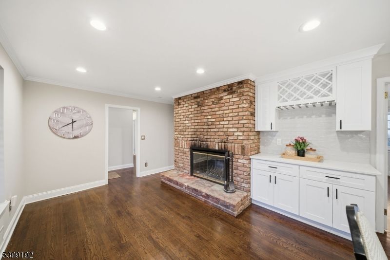 Fireplace, Interior, Recessed Lighting, Stone Walls, Wood Texture Flooring
