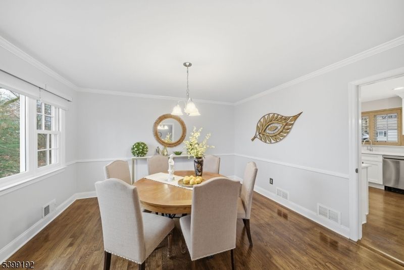 Dining room, Interior, Pendant Lights, Recessed Lighting, Wood Texture Flooring