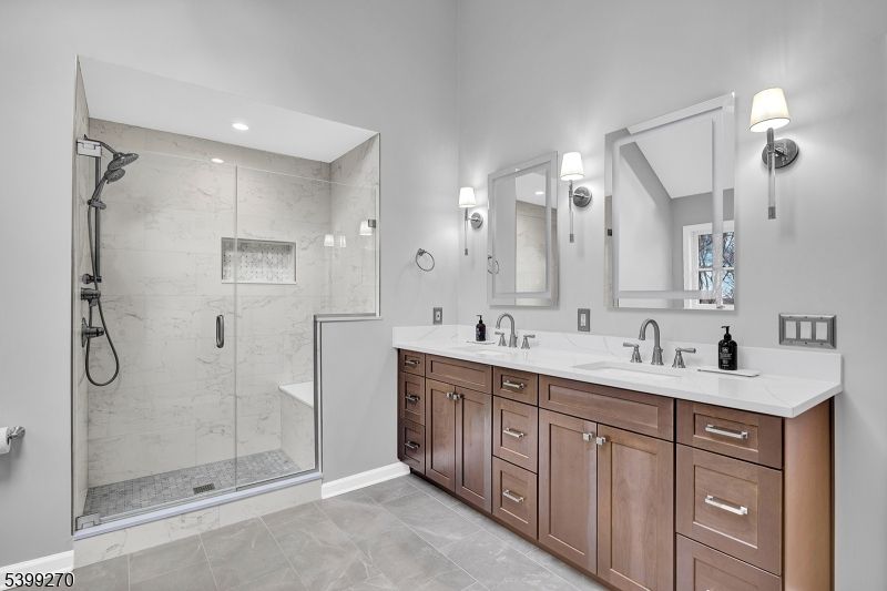 Bathroom, Dual Sink Vanities, Glass Shower, Interior, Marble Walls, Recessed Lighting