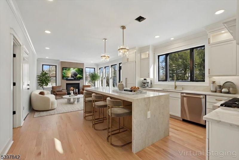 Chandelier, Fireplace, Interior, Kitchen, Living room, Recessed Lighting, Stainless Steel Appliances, Wood Texture Flooring