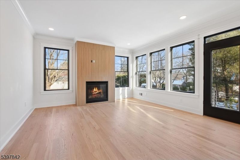 Empty room, Fireplace, Interior, Recessed Lighting, Wood Texture Flooring, Wooden Walls