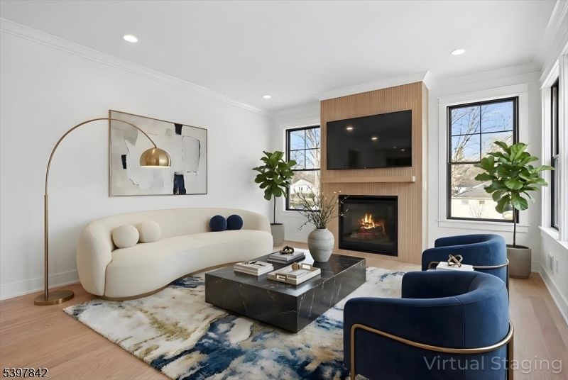 Fireplace, Interior, Living room, Recessed Lighting, Wood Texture Flooring, Wooden Walls