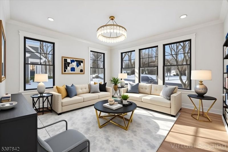 Chandelier, Interior, Living room, Recessed Lighting, Wood Texture Flooring