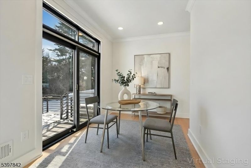 Dining room, Interior, Recessed Lighting, Wood Texture Flooring