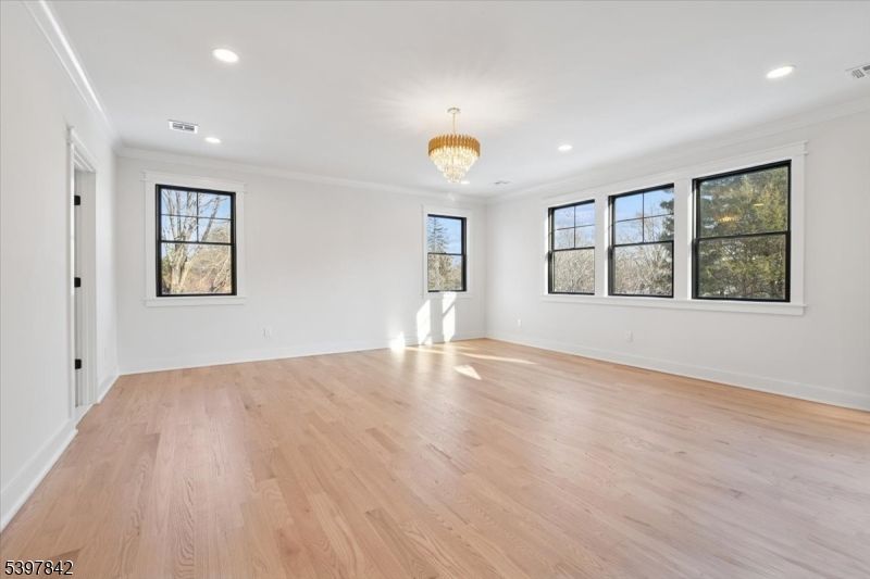 Chandelier, Empty room, Interior, Recessed Lighting, Wood Texture Flooring