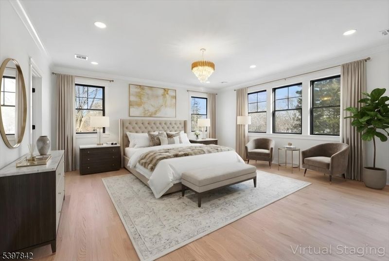 Bedroom, Chandelier, Interior, Recessed Lighting, Wood Texture Flooring