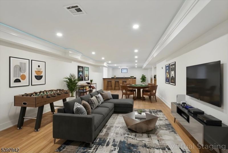 Dining room, Game Room, Interior, Living room, Recessed Lighting, Wood Texture Flooring