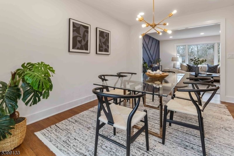 Dining room, Interior, Pendant Lights, Recessed Lighting, Wood Texture Flooring