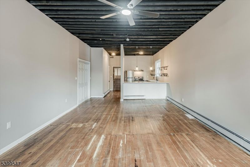 Empty room, Interior, Kitchen, Recessed Lighting, Wood Texture Flooring