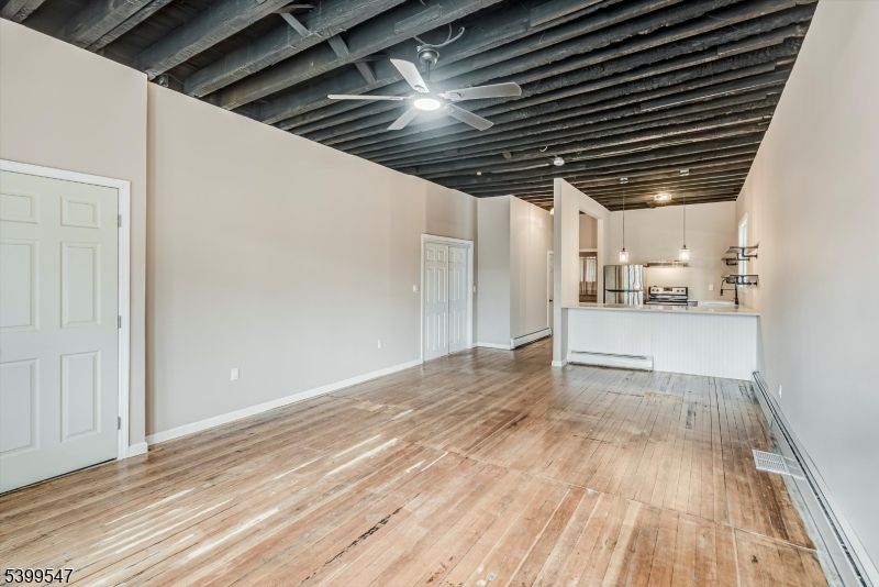 Empty room, Interior, Kitchen, Pendant Lights, Recessed Lighting, Wood Texture Flooring