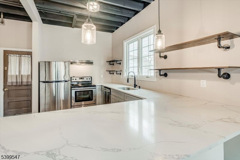 Interior, Kitchen, Pendant Lights, Stainless Steel Appliances, Wooden Beams