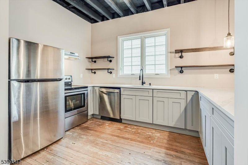 Interior, Kitchen, Pendant Lights, Stainless Steel Appliances, Wooden Beams, Wood Texture Flooring