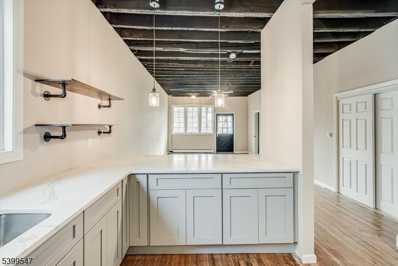 Interior, Kitchen, Pendant Lights, Wooden Beams, Wood Texture Flooring