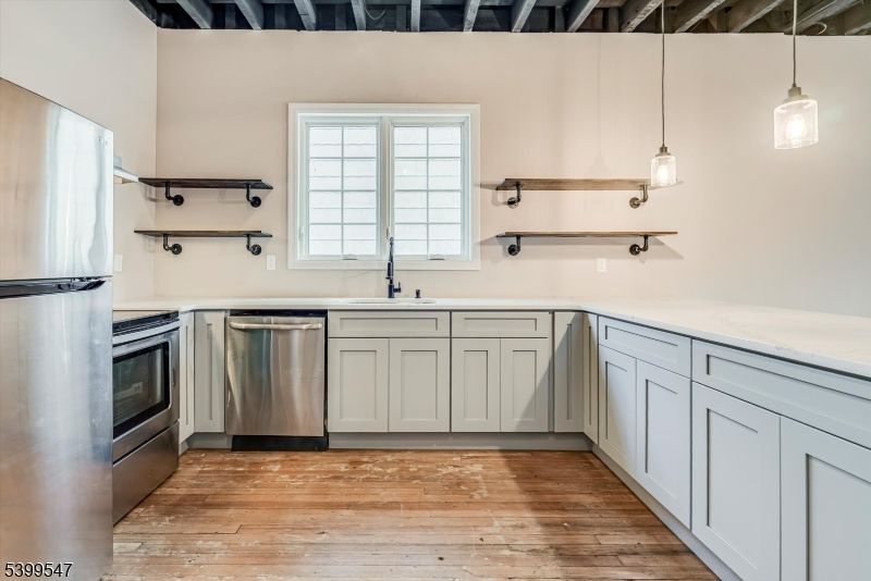 Interior, Kitchen, Pendant Lights, Stainless Steel Appliances, Wood Texture Flooring