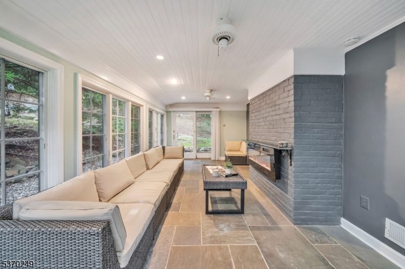 Fireplace, Interior, Living room, Recessed Lighting, Stone Walls