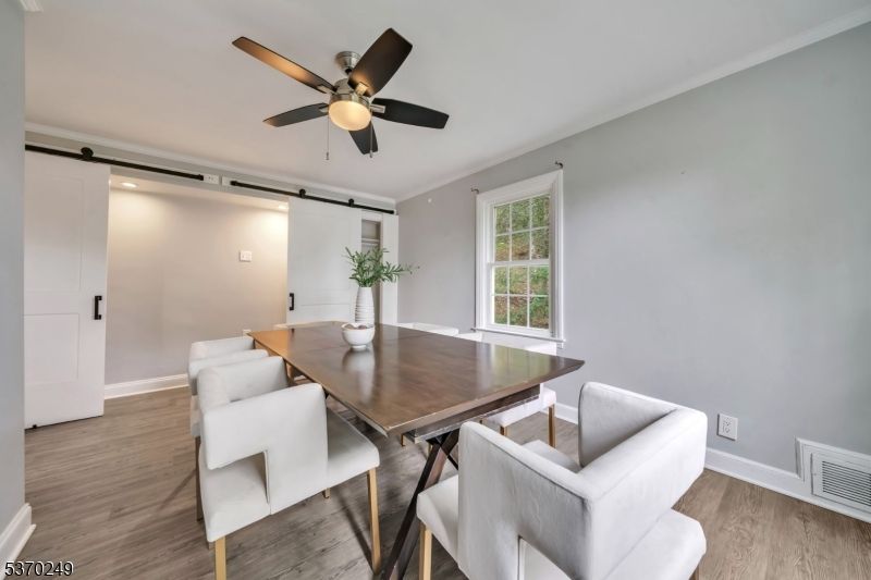 Dining room, Interior, Recessed Lighting, Wood Texture Flooring
