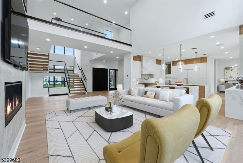 Fireplace, Interior, Kitchen, Living room, Pendant Lights, Recessed Lighting, Stainless Steel Appliances, Wood Texture Flooring