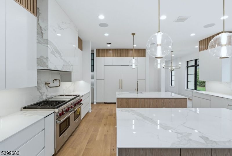 Interior, Kitchen, Pendant Lights, Recessed Lighting, Stainless Steel Appliances, Wood Texture Flooring