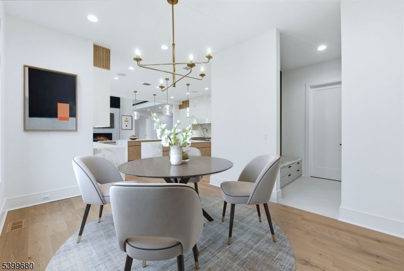 Dining room, Interior, Kitchen, Pendant Lights, Recessed Lighting, Stainless Steel Appliances, Wood Texture Flooring