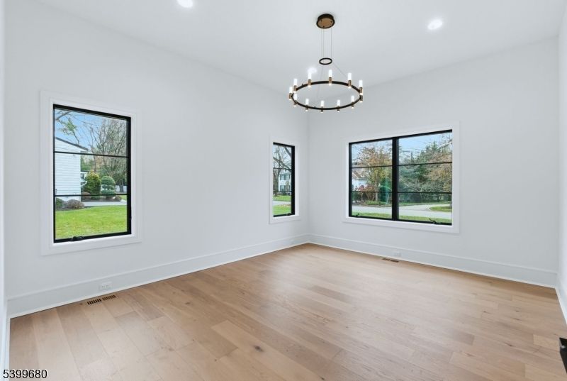 Chandelier, Empty room, Interior, Pendant Lights, Recessed Lighting, Wood Texture Flooring