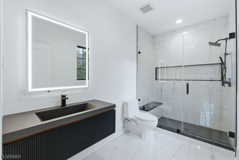 Bathroom, Glass Shower, Interior, Marble, Marble Walls, Recessed Lighting