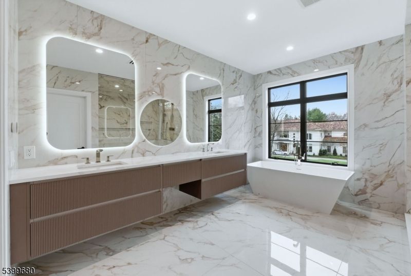 Bathroom, Dual Sink Vanities, Free Standing Baths, Interior, Marble, Marble Walls, Recessed Lighting