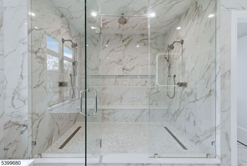 Bathroom, Glass Shower, Interior, Marble Walls, Recessed Lighting