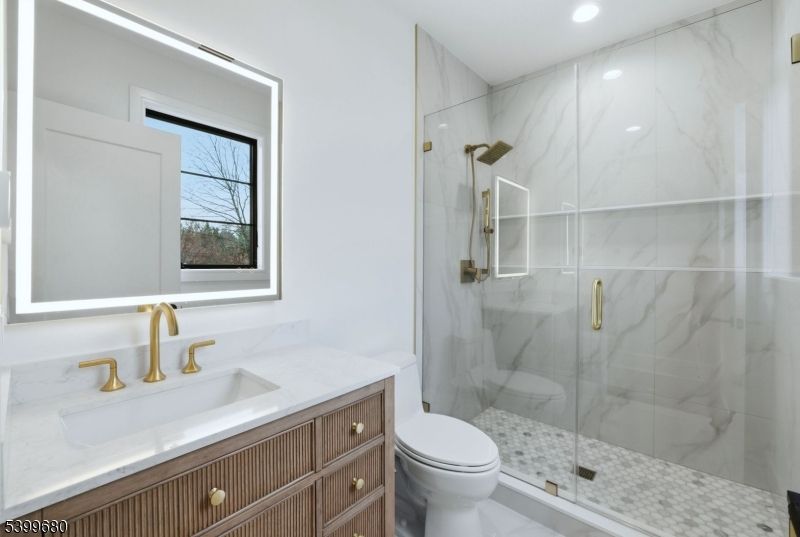 Bathroom, Glass Shower, Interior, Marble Walls, Recessed Lighting