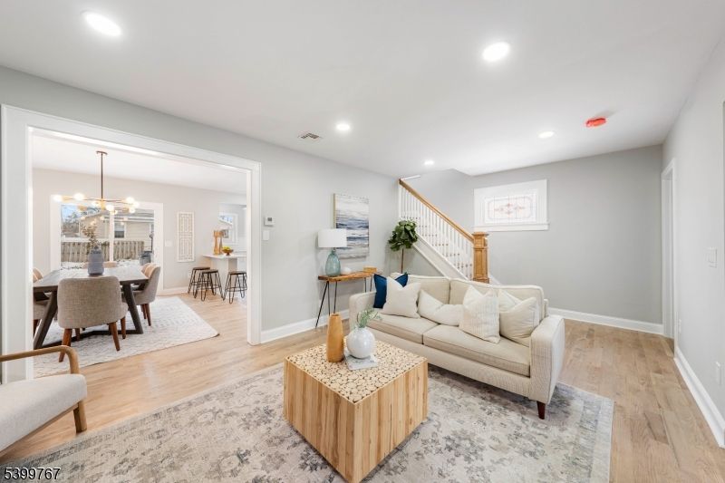 Dining room, Interior, Living room, Pendant Lights, Recessed Lighting, Wood Texture Flooring