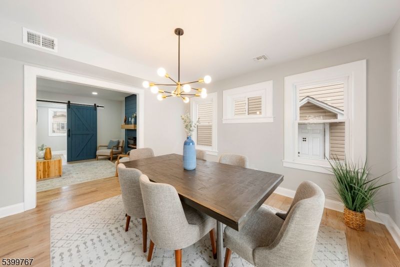 Dining room, Interior, Pendant Lights, Recessed Lighting, Wood Texture Flooring