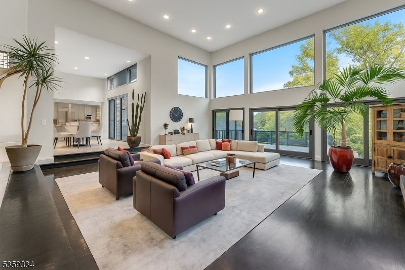 Dining room, Interior, Living room, Recessed Lighting, Wood Texture Flooring