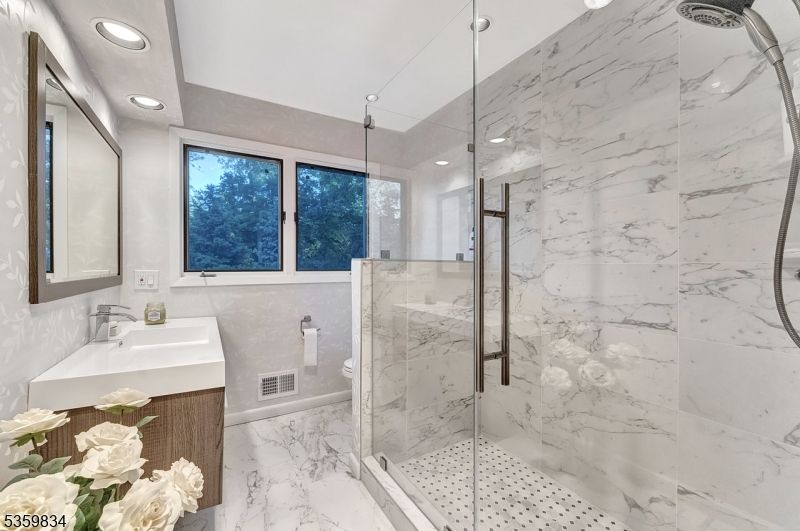 Bathroom, Glass Shower, Interior, Marble, Marble Walls, Recessed Lighting