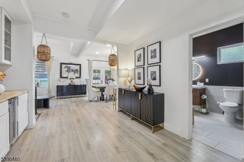 Bathroom, Dining room, Interior, Pendant Lights, Recessed Lighting, Wood Texture Flooring