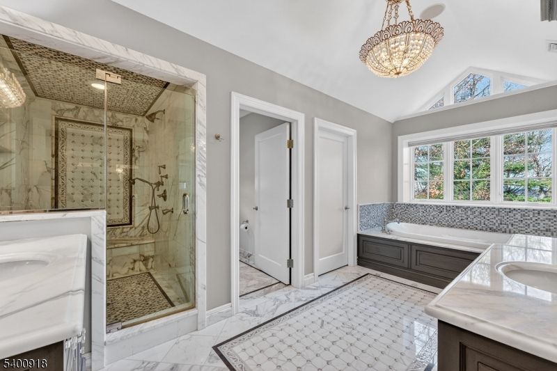 Bathroom, Dual Sink Vanities, Glass Shower, Interior, Marble, Pendant Lights