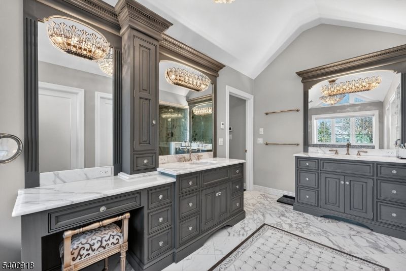 Bathroom, Chandelier, Dual Sink Vanities, Interior, Marble