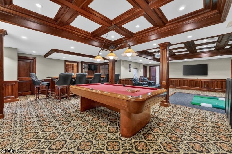 Billiard Table, Game Room, Interior, Pendant Lights, Recessed Lighting, Wooden Beams