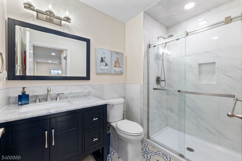 Bathroom, Glass Shower, Interior, Marble Walls, Recessed Lighting