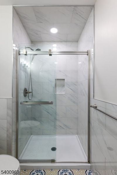 Bathroom, Glass Shower, Interior, Marble Walls, Recessed Lighting