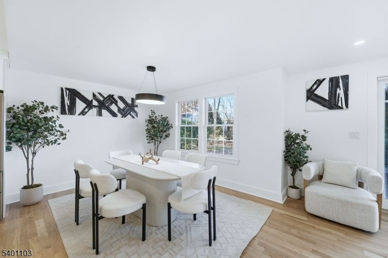 Dining room, Interior, Pendant Lights, Recessed Lighting, Wood Texture Flooring