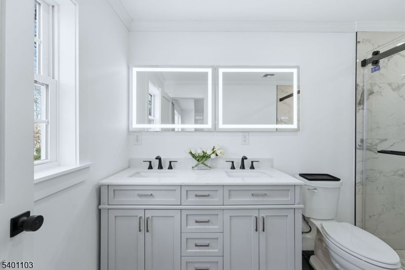 Bathroom, Dual Sink Vanities, Glass Shower, Interior, Marble Walls