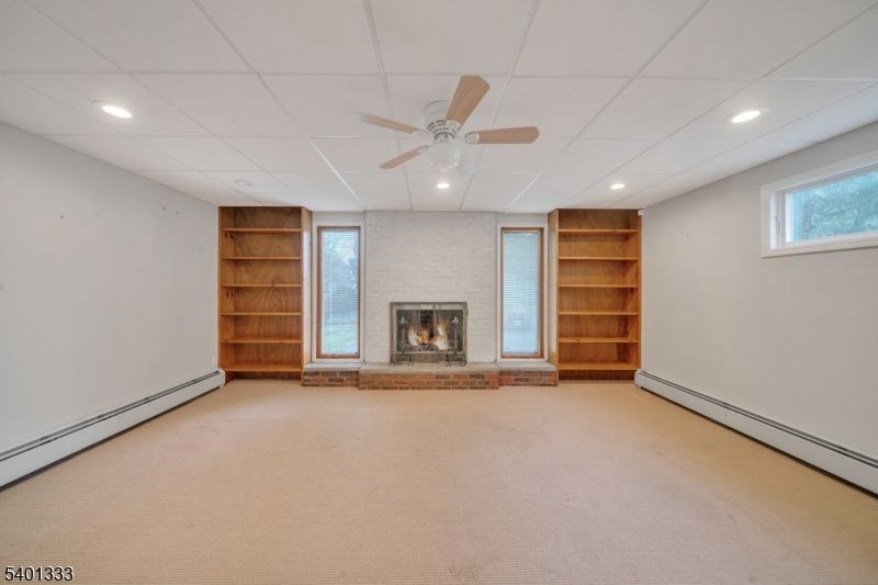 Empty room, Fireplace, Interior, Recessed Lighting, Stone Walls