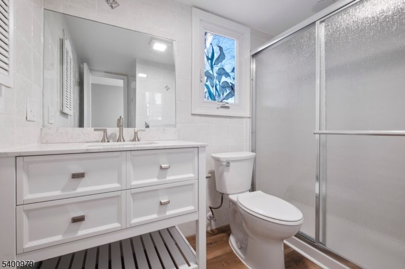 Bathroom, Glass Shower, Interior, Recessed Lighting, Wood Texture Flooring